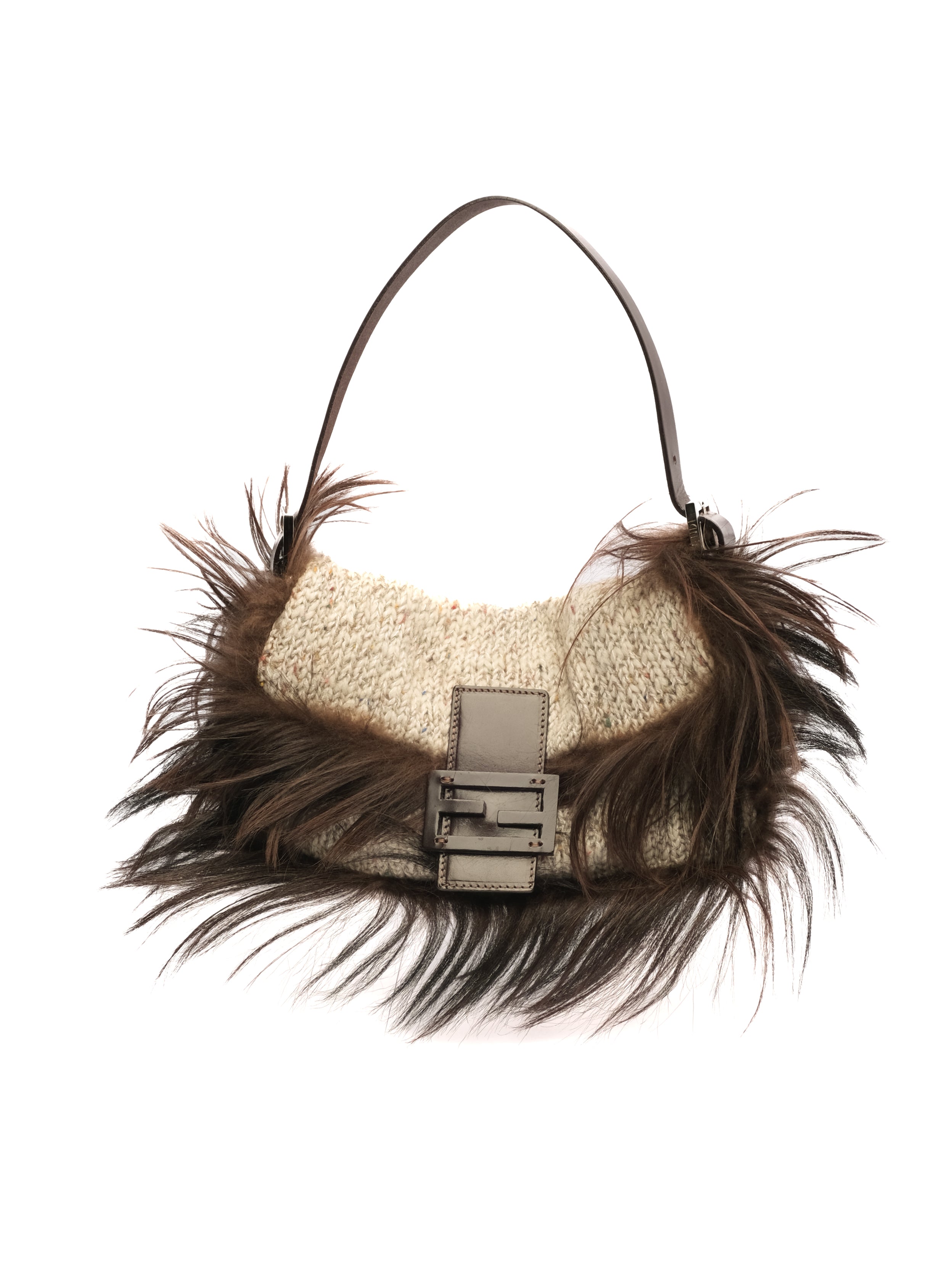 FENDI FUR-TRIMMED CROCHET BAGUETTE BAG