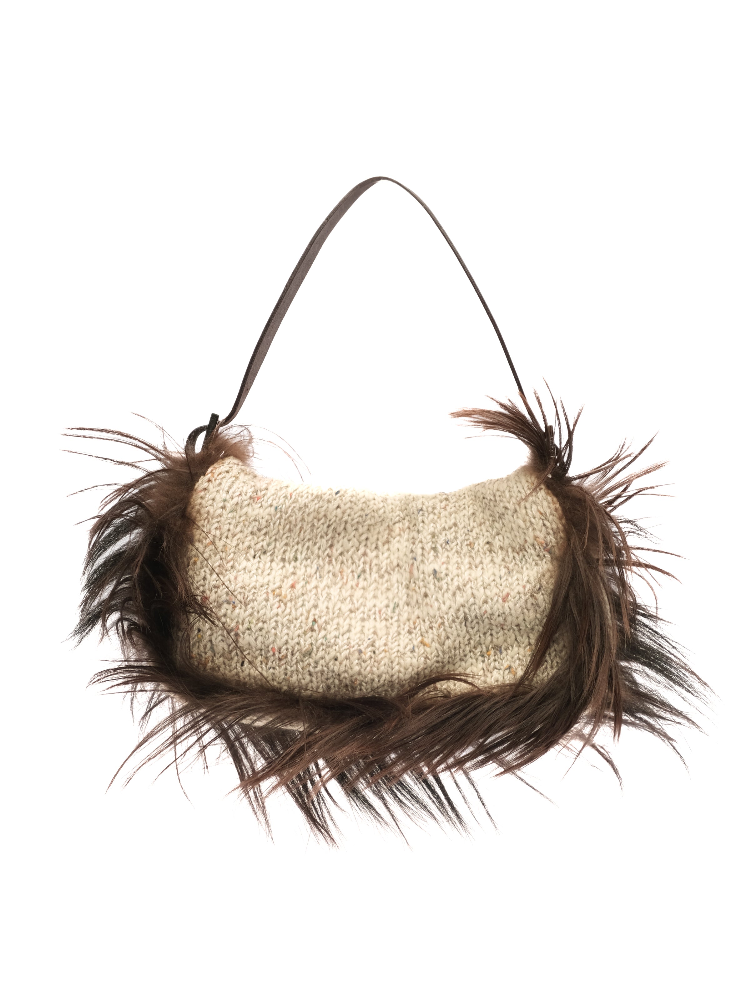 FENDI FUR-TRIMMED CROCHET BAGUETTE BAG