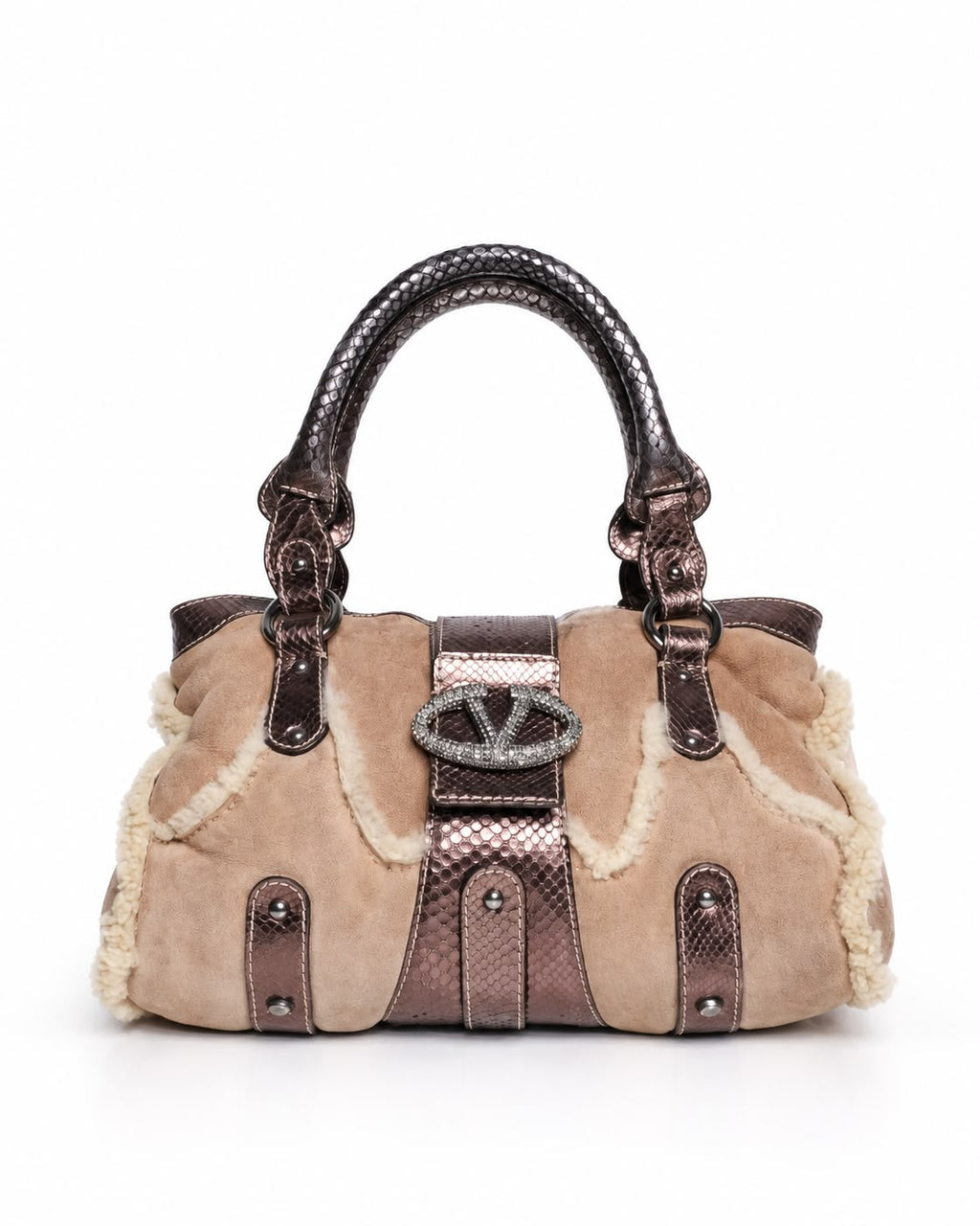 VALENTINO SHEARLING AND SNAKESKIN V RING BAG