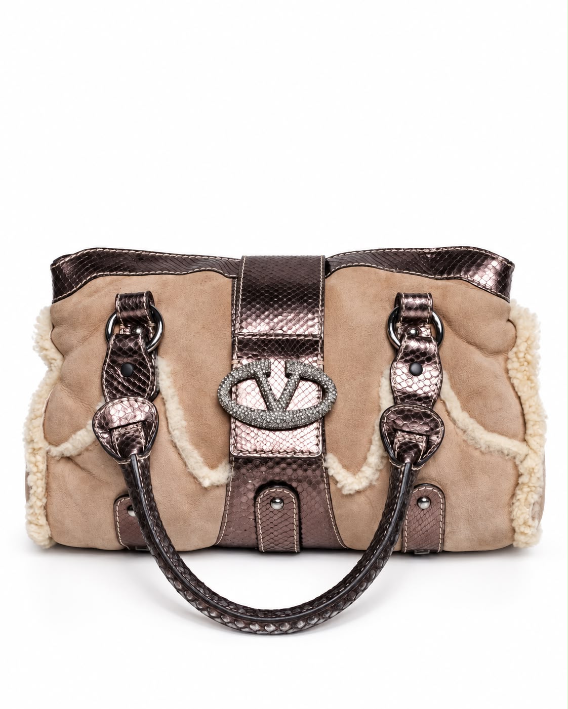 VALENTINO SHEARLING AND SNAKESKIN V RING BAG