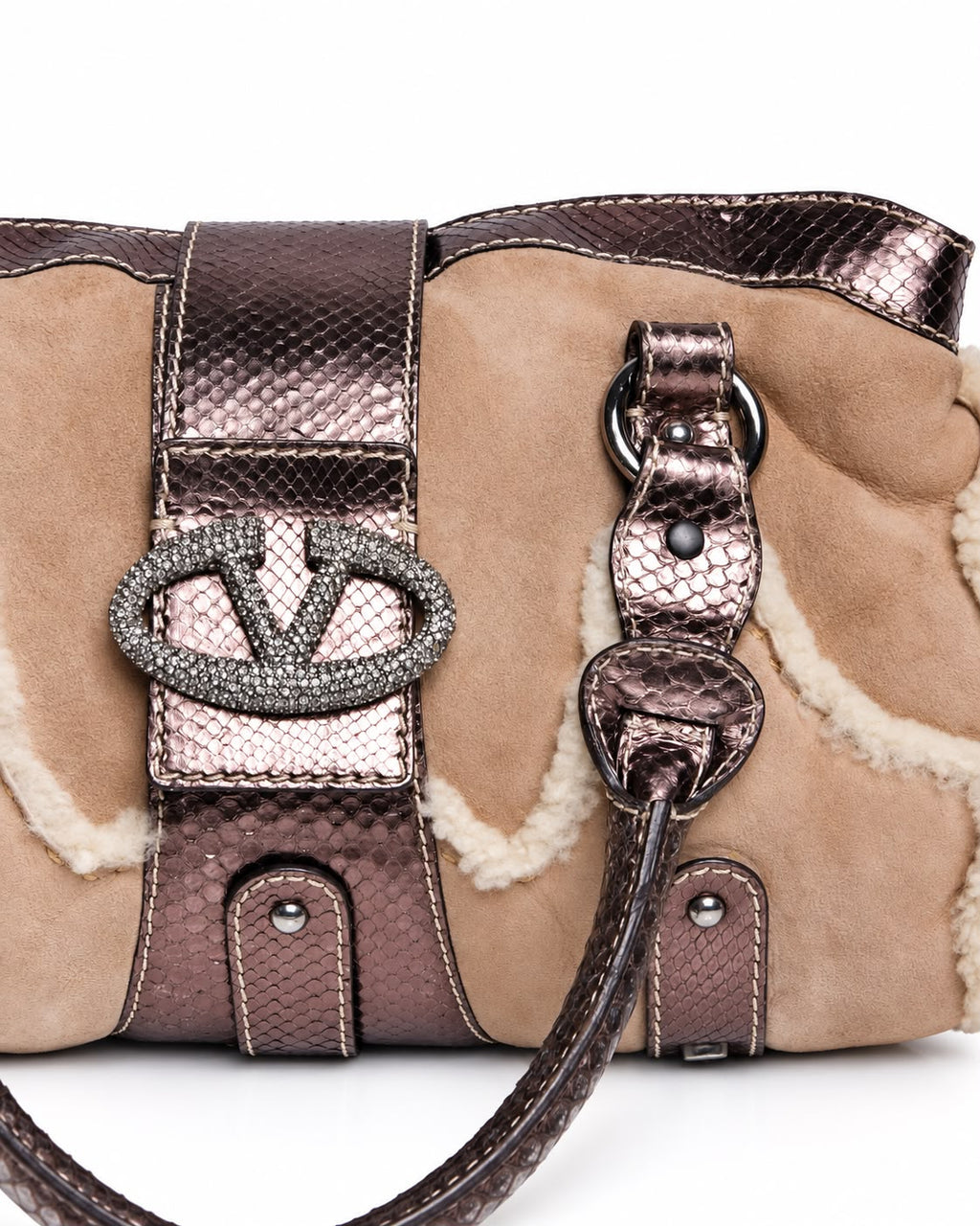 VALENTINO SHEARLING AND SNAKESKIN V RING BAG