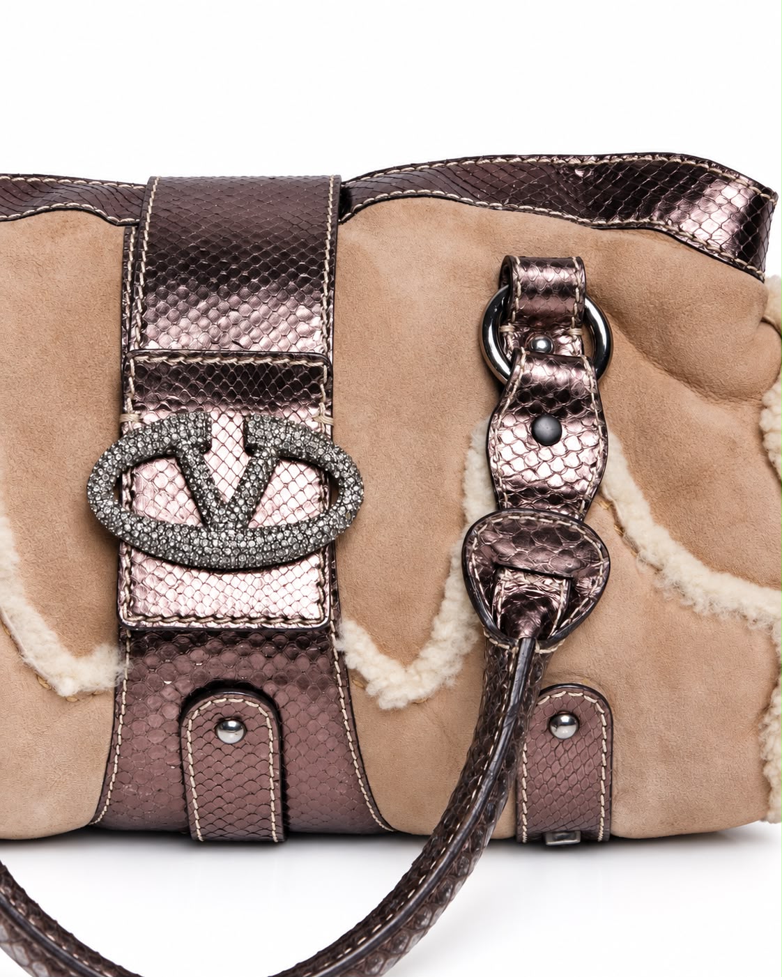 VALENTINO SHEARLING AND SNAKESKIN V RING BAG